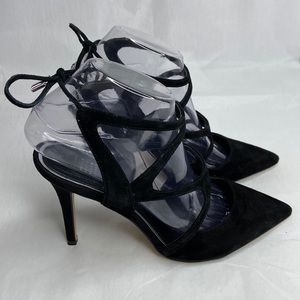White House black market size 8 black strappy sandals with tie in back 4” heel